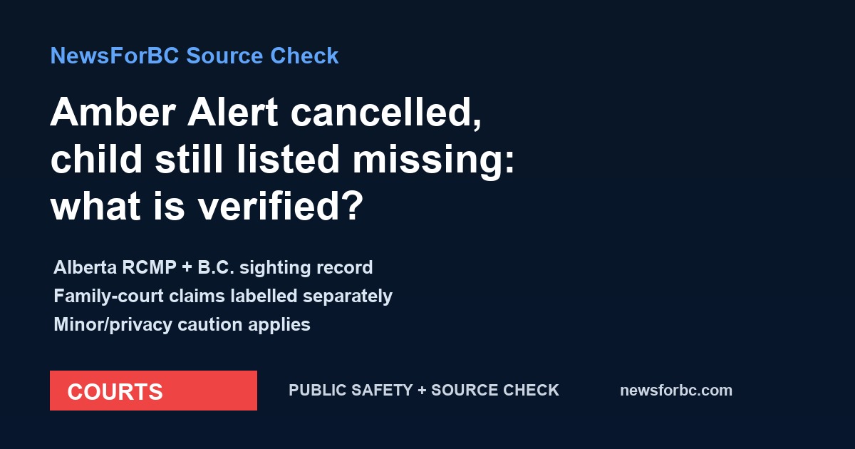 NewsForBC source card on Alberta Amber Alert, B.C. sighting and family-court claims