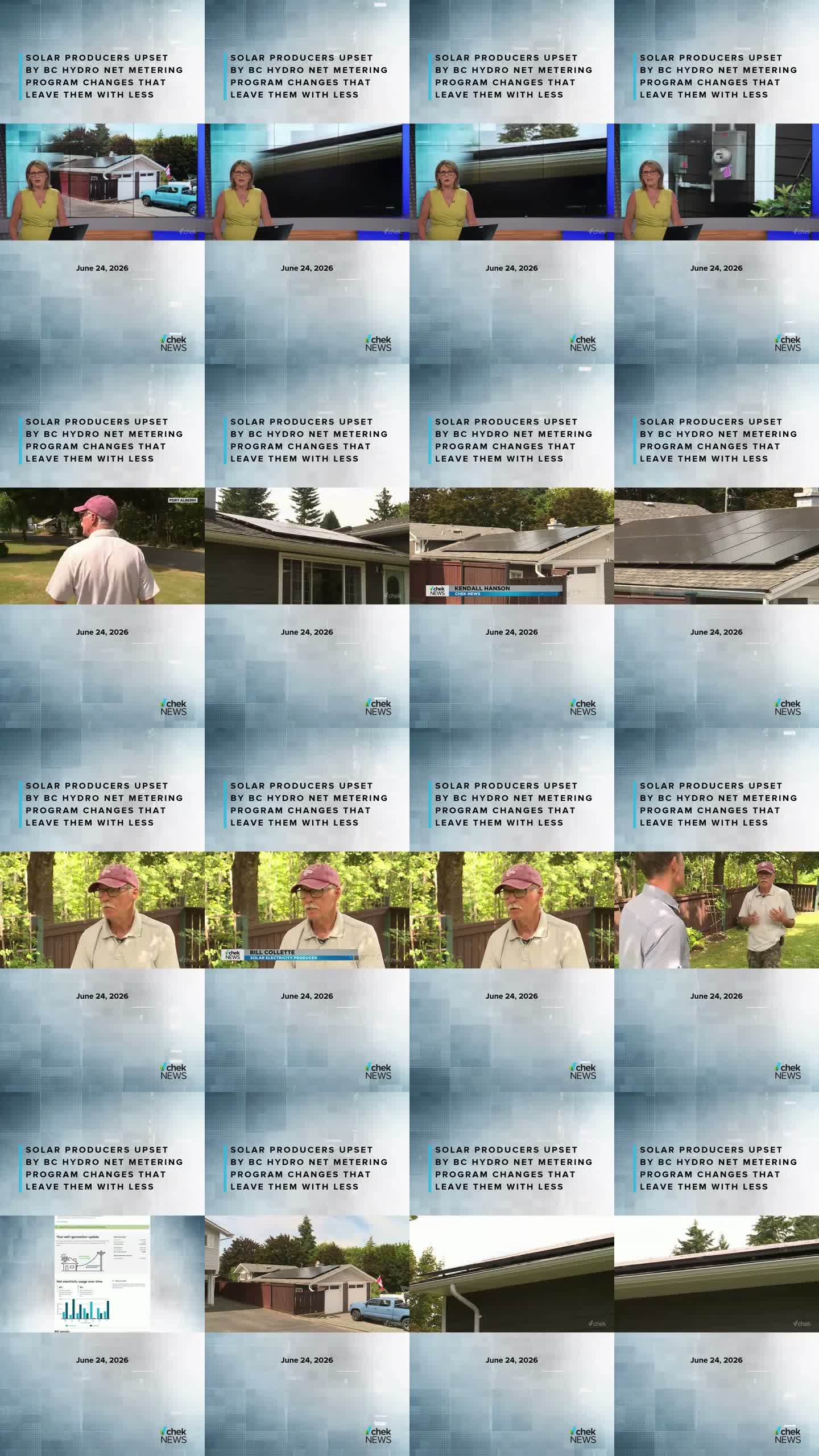 Contact sheet from CHEK News TikTok about BC Hydro solar net metering changes