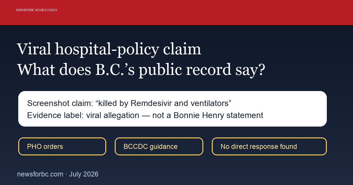 NewsForBC source-check card about viral hospital-policy claim and B.C. COVID guidance