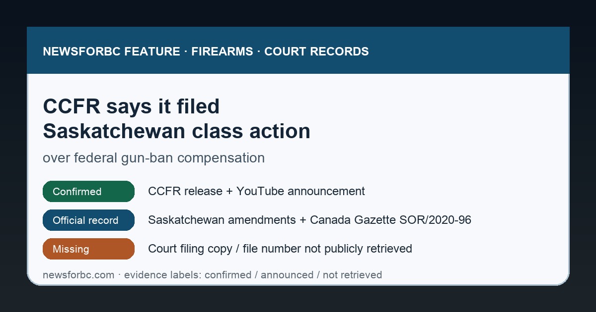 NewsForBC source card for CCFR Saskatchewan firearms compensation class action