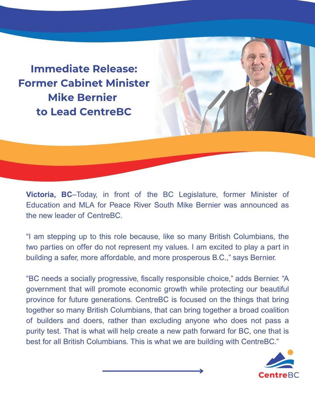 CentreBC release graphic announcing Mike Bernier as leader